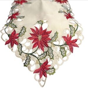 Festive Table Runner with Red and Green Poinsettia Design 69 in long
